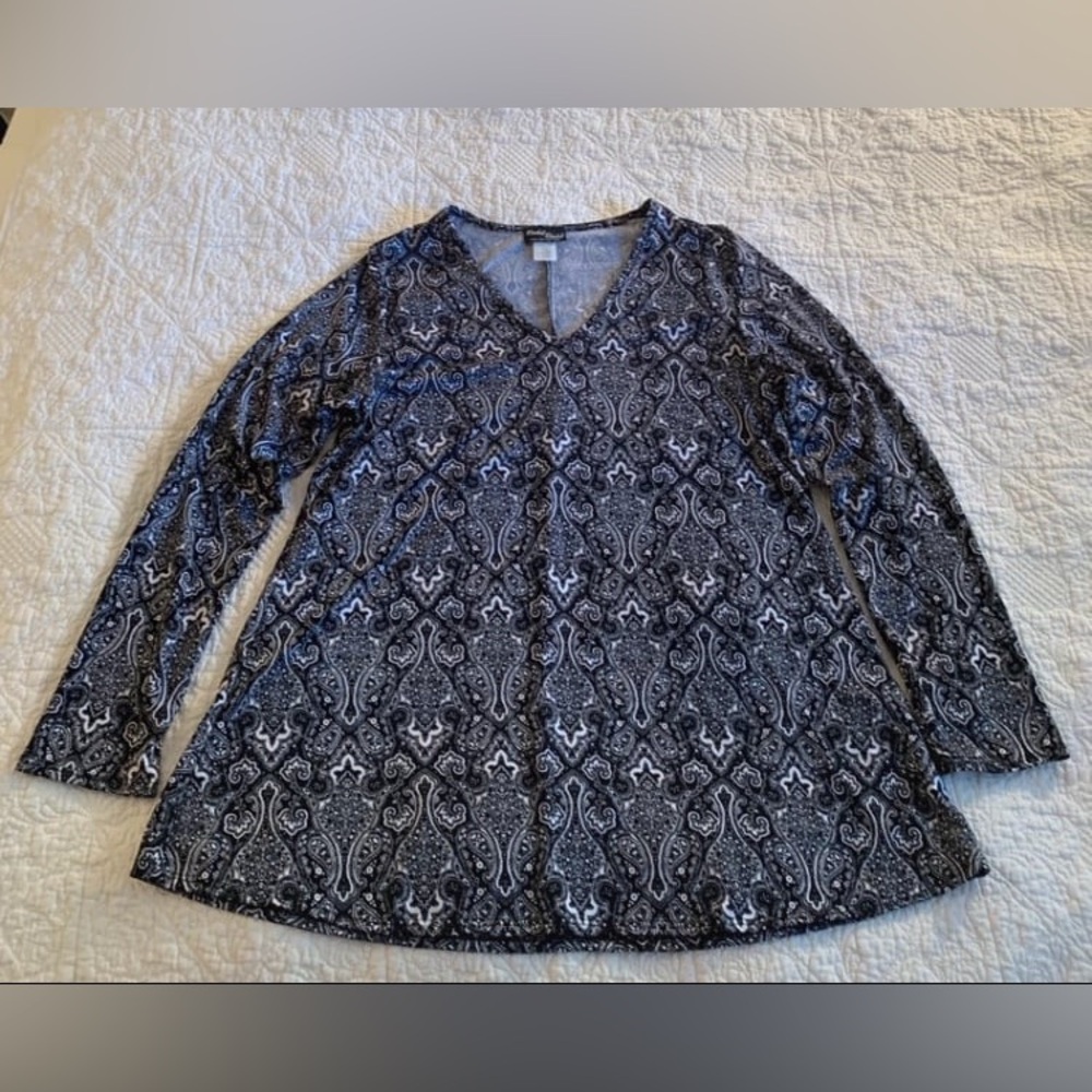 Rachel Rachel Navy and White Long Sleeve VNeck Top Size XL